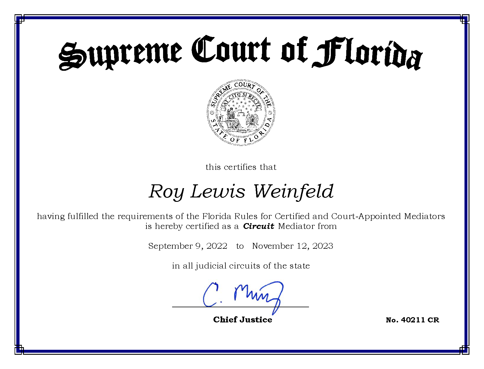 Weinfeld, Roy Lewis - Certificate Certified Florida Supreme Court Mediator